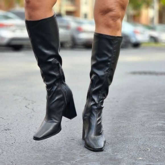 Women Mid Calf Square Toe Heel Boot Black Color - Picture 3 of 8